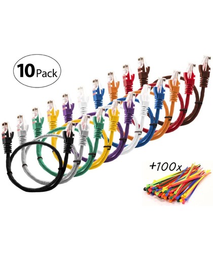Multi Kabel 10 pak multi gekleurd CAT5e kabels -3 meter - UTP - CCA - met 100 kabelbinders