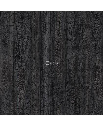 lijmdruk eco texture vlies behang verkoold verbrand houten planken donker zwart - 347531 van Origin - luxury wallcoverings uit Matières - Wood