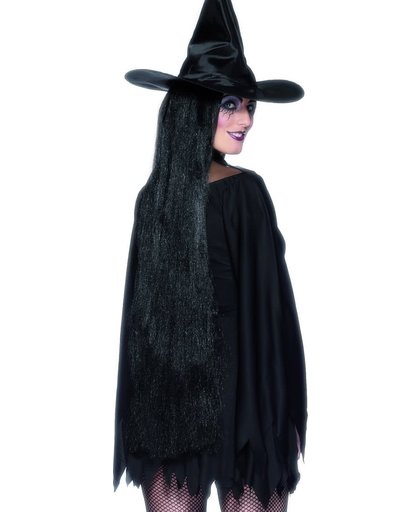 Lange heksenpruik voor Halloween - Pruik met zeer lang stijl zwart haar