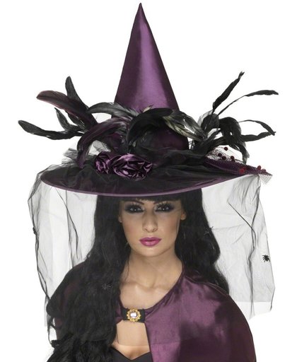 Luxe paarse heksenhoed voor vrouwen - Verkleedhoofddeksel