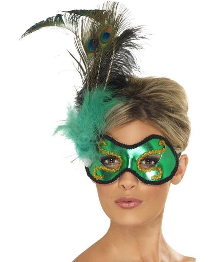 Groene masker met pluimen voor volwassenen - Verkleedmasker
