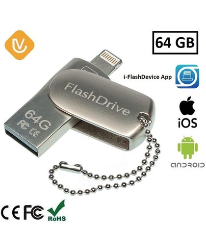 LenV - 3 in 1 Flashdrive 64GB voor Apple/IOS lightning connector en Android. Flash Drive 64GB (ipad / iphone / ipod), zilver
