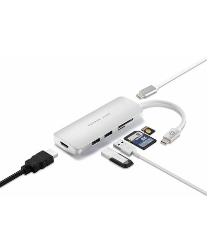 Pepper Jobs USB C 3.1 Hub naar PD Poort, HDMI Poort,2 X USB 3.0 Port,TF/SD card reader Poort, voor Apple MacBook 12"/New MacBook Pro 15" 2017/ChromeBook en meer USB-C modellen. Kleur zilver