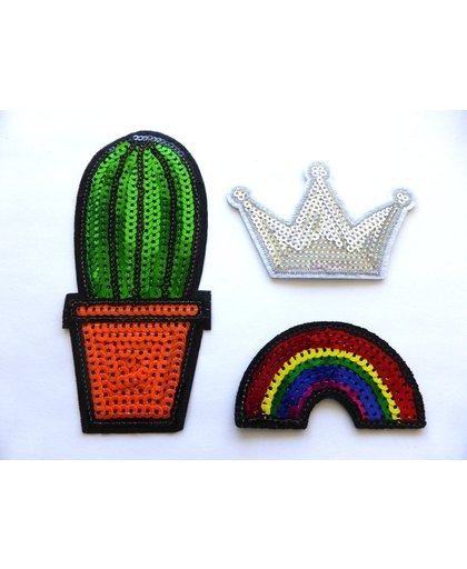 Strijk embleem ‘Glitter cactus, regenboog en kroon paillet set (3)’ – stof & strijk applicatie
