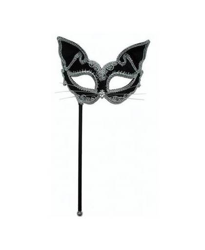 Katten oogmasker op stokje zwart