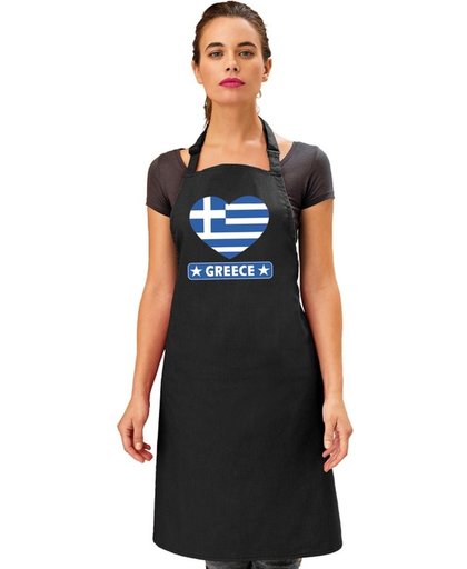 Griekse vlag in hart keukenschort/ barbecueschort zwart heren en dames - I love Griekenland schort