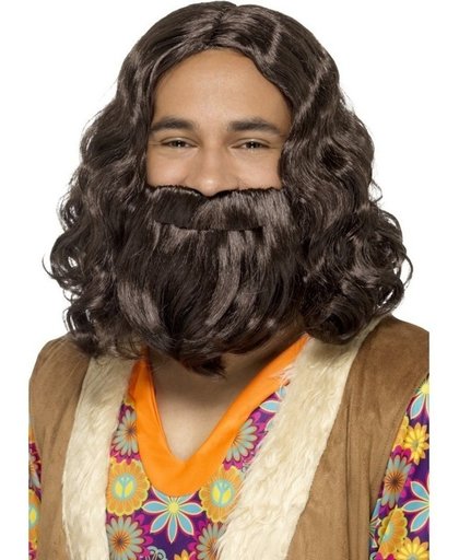 Bruine hippie pruik en baard voor heren