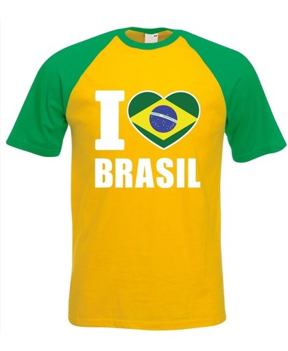Geel/ groen I love Brazilie supporter baseball shirt heren - Braziliaans t-shirt heren XL