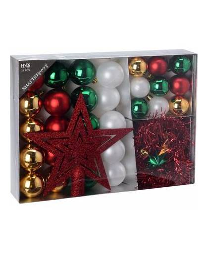 33-delige kerstboomversiering set- rode/groene/gouden- kunststof slingers / kerstballen en piek