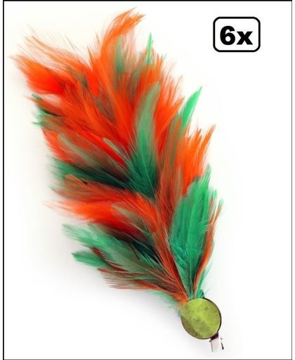 6x Verenpluim 30 cm buigbaar met speld en clip oranje-groen