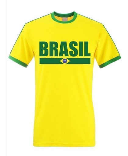 Geel Brazilie supporter ringer t-shirt met groene randjes heren - Braziliaanse vlag shirts 2XL
