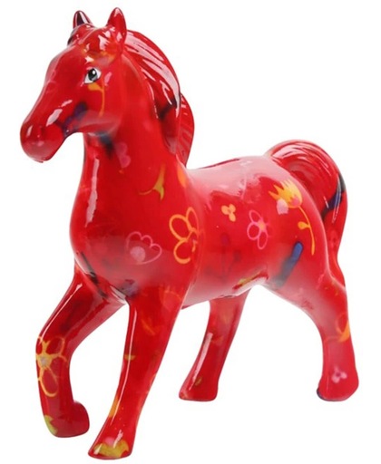 Pomme-pidou spaarpot paard "Lucky" M rood met blaadjes