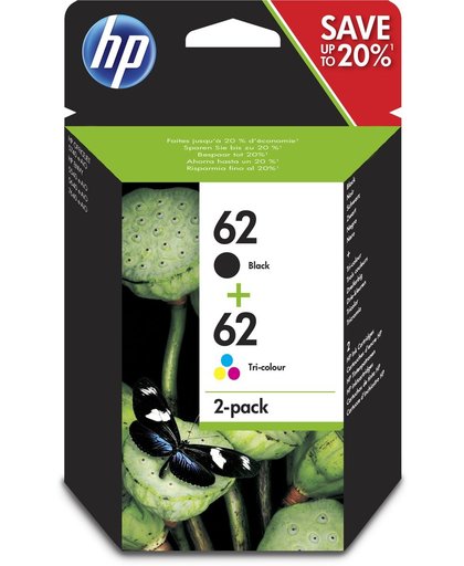 HP 62 originele zwarte/drie-kleuren inktcartridges, 2-pack inktcartridge