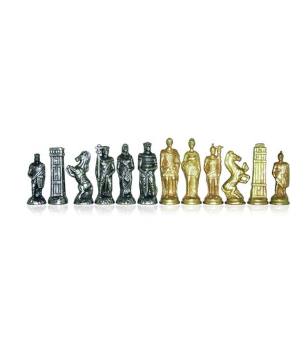 Luxe schaakset - Romeinen en barbaren stukken klassiek goud zilver met opbergbox wereldkaart (+ backgammon)