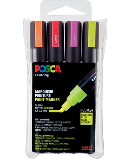 Posca 5M verfstiften (paint markers), set a 4 NEON kleuren