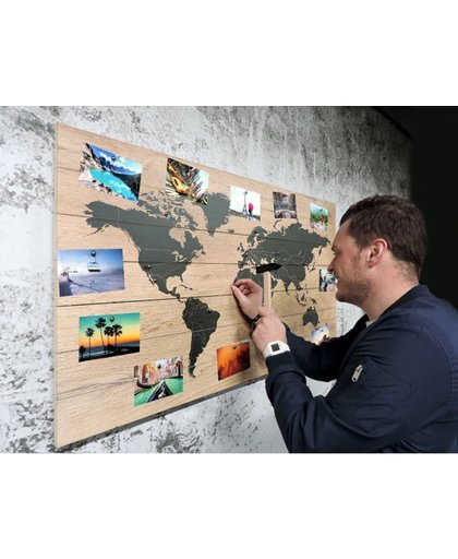 Houten Wereldkaart Memories | 105cm x 60 cm | Personaliseer de Wereldkaart met je vakantiefoto's | Met 100 GRATIS koperen pins
