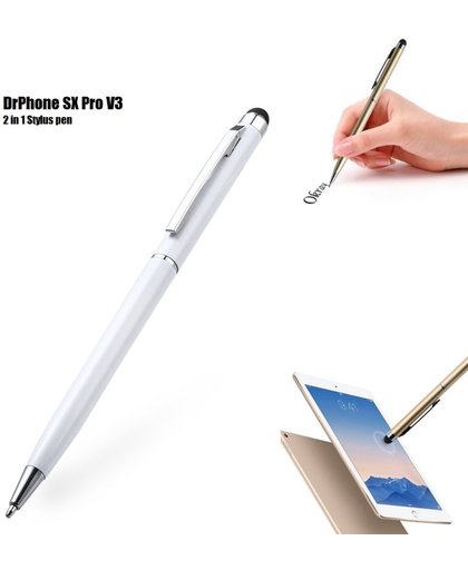 DrPhone - SX Pro V3 Universele 2 in 1 Stylus Pen Met Clip - Balpen - Schrijfpen Zwart - Geschikt voor Tablets (Vb. Apple iPad) en Smartphones - Universeel Wit