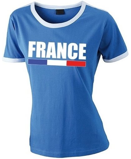 Blauw Frankrijk supporter ringer t-shirt met witte randjes dames - Franse vlag shirts L