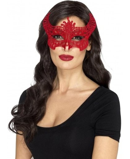 Rood kanten Venetiaans oogmasker met duivel hoorntjes - Duivelin masker