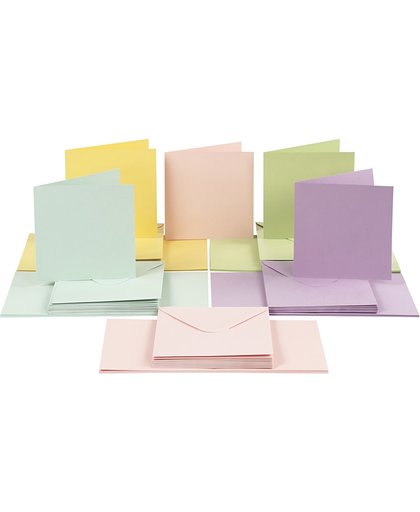 Kaarten en enveloppen, afmeting kaart 15x15 cm, afmeting envelop 16x16 cm, 50 sets, pastelkleuren