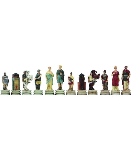 Luxe schaakset - Handbeschilderde Grieken vs Romeinen schaakstukken + rood / goud schaakbord met opbergbox (+ backgammon) - 35 x 35 cm