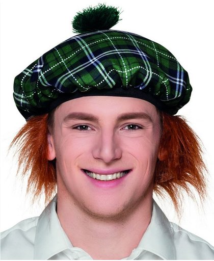 Groene Schotse baret met haren voor volwassenen - Verkleedhoofddeksel