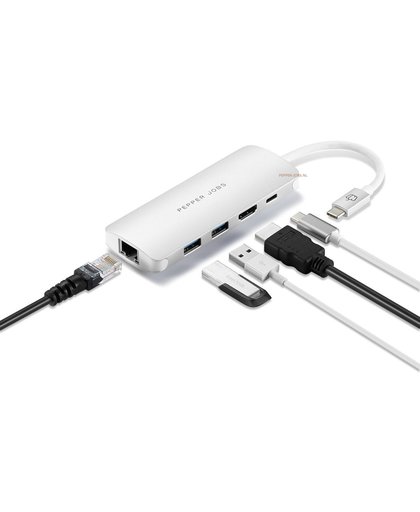 Pepper Jobs USB C 3.1 Hub met Gigabit Ethernet,2 USB 3.0 Port,HDMI Port,And PD Port,Type C Charging Hub voor 2016 2017 MacBook Pro 13 15, MacBook 12, Dell XPS, Google Pixel C kleur zilver