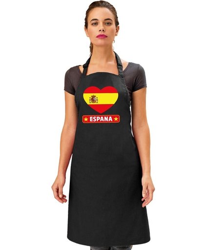 Spaanse vlag in hart tapas keukenschort/ barbecueschort zwart heren en dames - I love Spanje schort