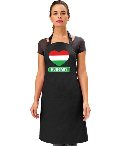 Hongaarse vlag in hart keukenschort/ barbecueschort zwart heren en dames - I love Hongarije schort