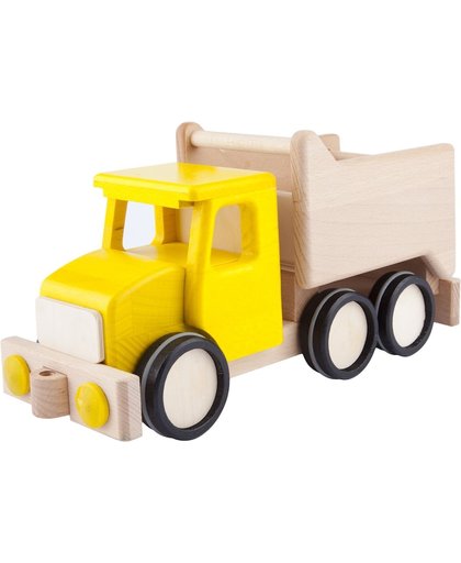 Gele houten kiepwagen - 30x10x15cm - Handgemaakt - Uniek design - LUPO