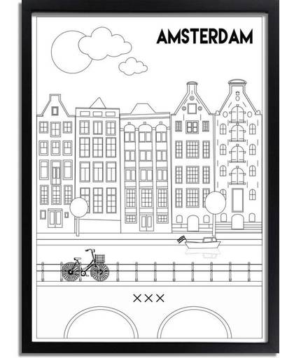 Poster Amsterdam Grachten DesignClaud - Zwart wit - A4 + Fotolijst zwart