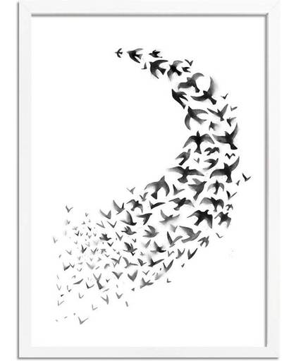 Zwart wit poster Zwerm vogels DesignClaud - Rond - A3 + Fotolijst wit
