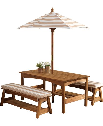 KidKraft Buitenset met tafel en bankjes met kussens en parasol - beige met witte strepen