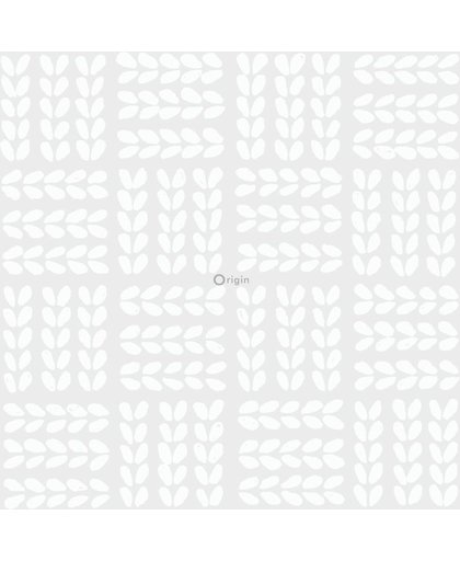 lijmdruk vlies behang scandinavische blaadjes mat wit en glanzend zilver grijs - 347502 van Origin - luxury wallcoverings uit Hide & Seek