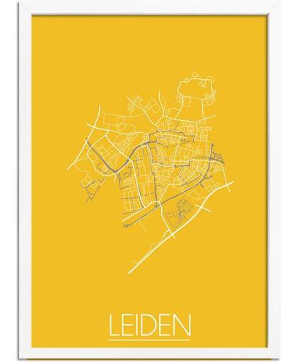 Plattegrond Leiden Stadskaart poster DesignClaud - Geel - A4 + Fotolijst wit