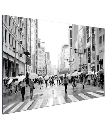 Ginza in de regen zwart-wit foto Aluminium 90x60 cm - Foto print op Aluminium (metaal wanddecoratie)