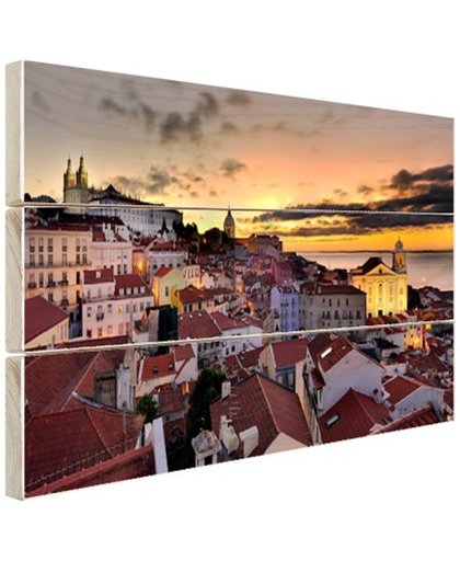 Lissabon in de avond Hout 120x80 cm - Foto print op Hout (Wanddecoratie)