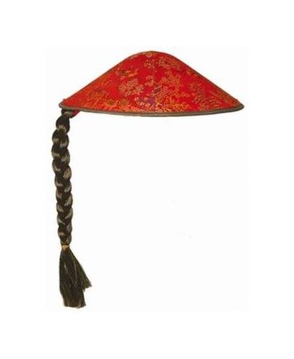 Aziatische/chinese hoed rood met vlecht