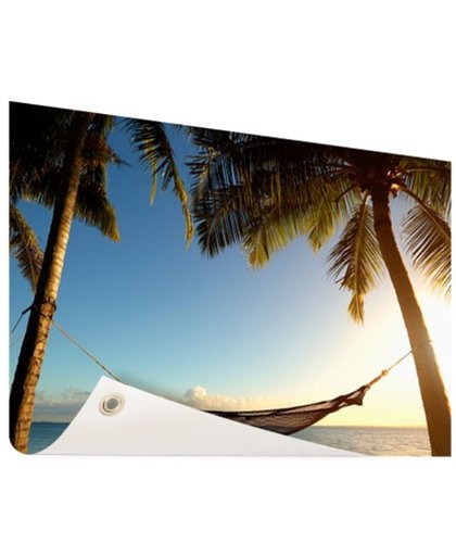 Hangmat tussen palmbomen tropisch strand Tuinposter 200x100 cm - Foto op Tuinposter (tuin decoratie)