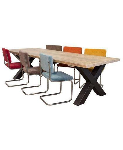 Van Abbevé Set tafel en stoelen Industriële Eettafel Van Sloophout Met Metalen Kruispoot Inclusief 6 Retro Rib Stoelen