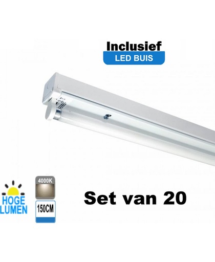 LED Buis armatuur 150cm - Enkel | Inclusief Hoge Lumen LED Buis - 4000K- Koel Wit (Set van 20 stuks)