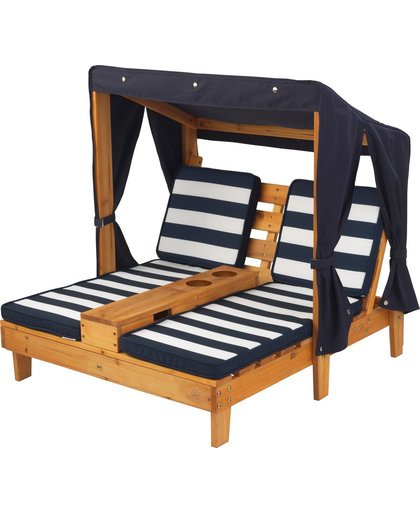 KidKraft Tweepersoons chaise longue met bekerhouders - honingkleur met blauwe en witte strepen