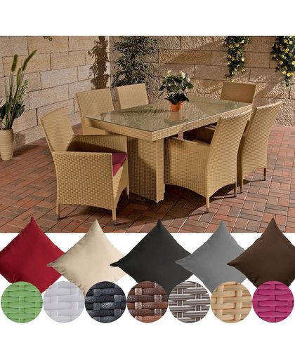 Clp Wicker Poly rotan/rattan tuinset AVIGNON,  6x stoel + tafel 180 x 90 cm - kleur wicker zand kleur overtrek robijnrood