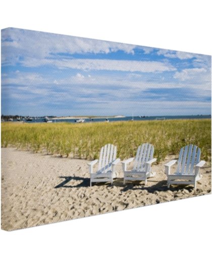Drie typische strandstoelen op strand Canvas 30x20 cm - Foto print op Canvas schilderij (Wanddecoratie)