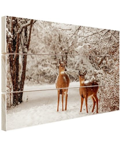 Herten in de sneeuw Hout 120x80 cm - Foto print op Hout (Wanddecoratie)