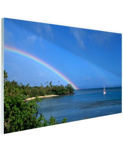Zeilboot en dubbele regenboog foto Glas 120x80 cm - Foto print op Glas (Plexiglas wanddecoratie)