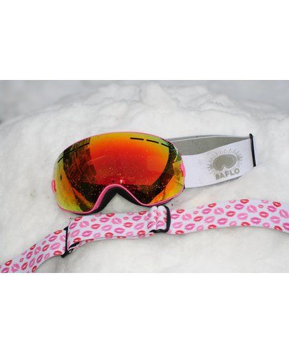 Combinatiepakket van roze Skibril met rood gouden spiegelglas, extra zelfontworpen kusjes band en een beschermdoos