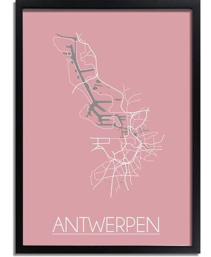 Plattegrond Antwerpen Stadskaart poster DesignClaud - Roze - A2 + fotolijst zwart