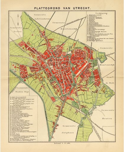 Utrecht, mooie vergrote reproductie van Utrecht uit ca 1910, met veel benamingen van scholen, kerken, stations en overheidsgebouwen