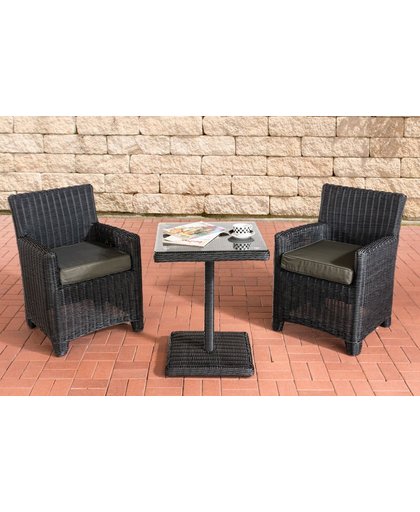 Clp Wicker Poly rotan tuinset CARUSO. ALU frame (2 x stoel + tafel 60 x 60 cm) 5 mm ROND poly rotan - Rotan kleur zwart kleur hoes : antraciet